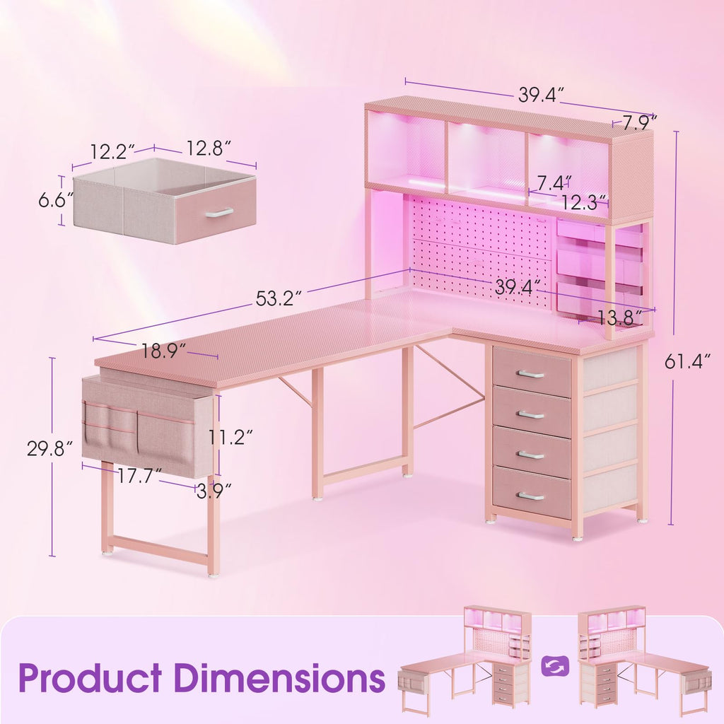 53" L Shaped Gaming Desk with Pegboard, Hutch & 4 Drawers, Pink M6589