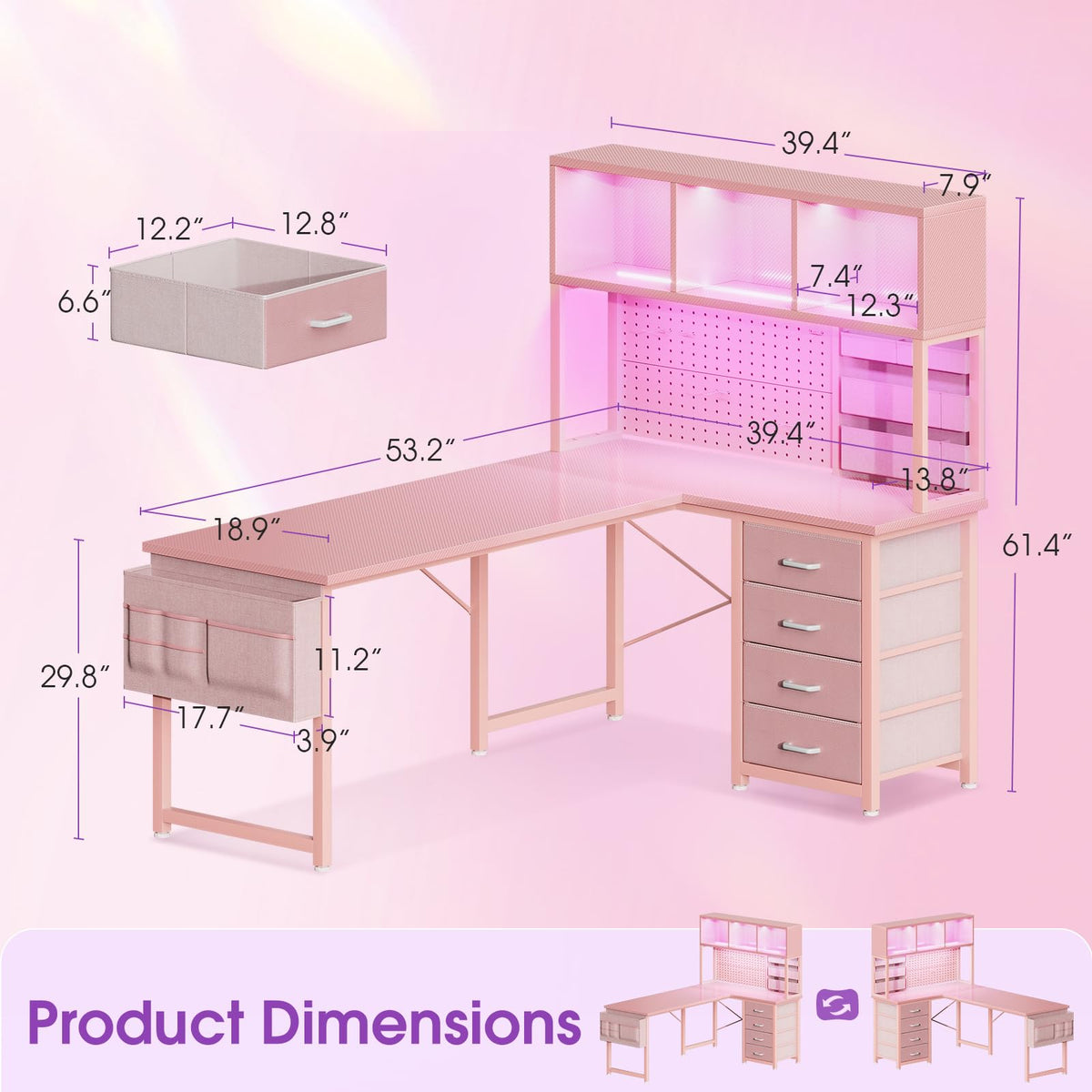 53" L Shaped Gaming Desk with Pegboard, Hutch & 4 Drawers, Pink M6589