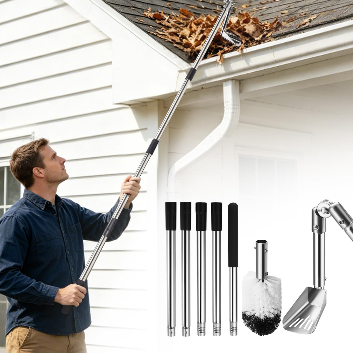 6.4FT Gutter Cleaning Tools with Extension Pole & Brush A652