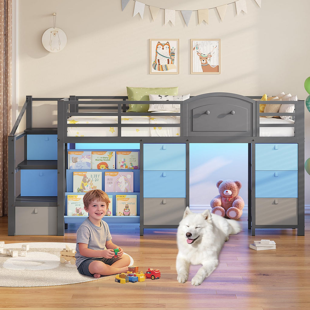 Twin Size Low Loft Bed with 9 Storage Drawers and Staircase J791