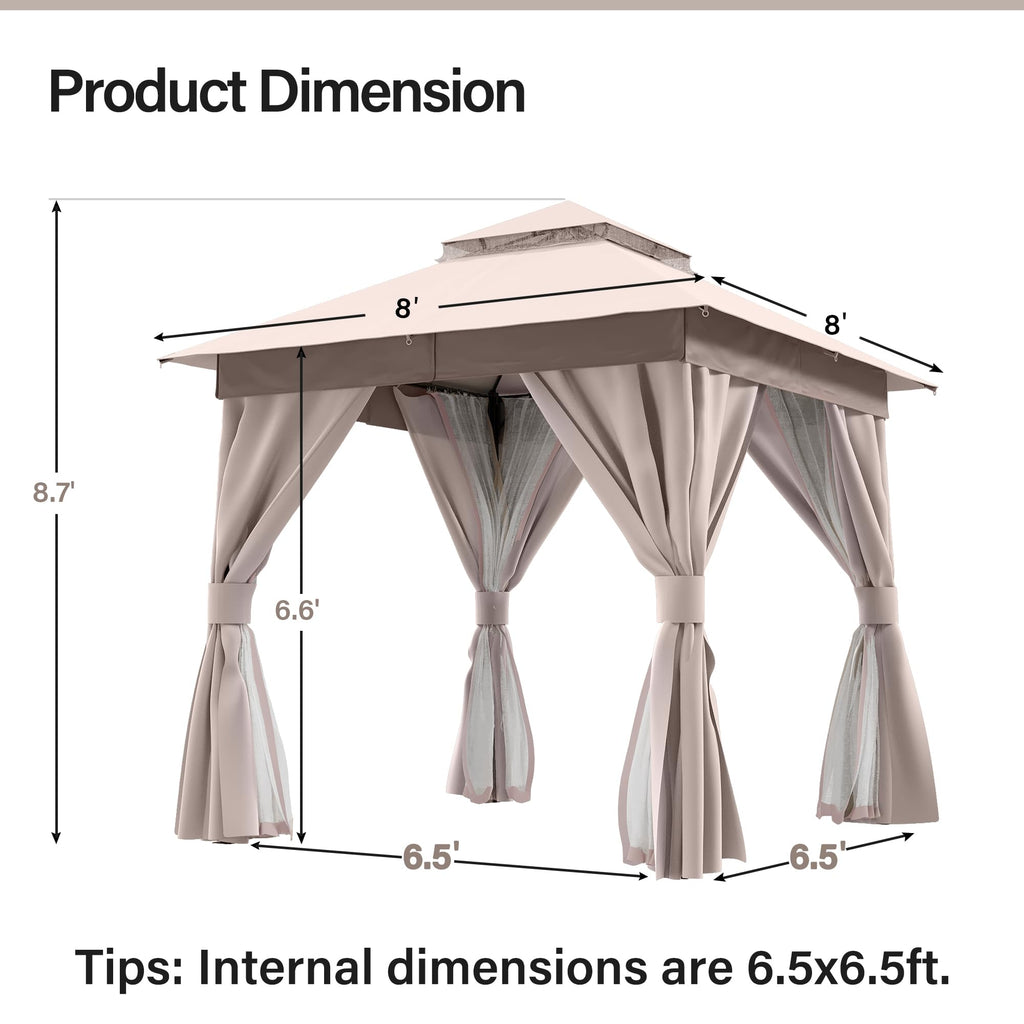 8x8 Outdoor Gazebo with Curtains, Netting & Double Roof V1608
