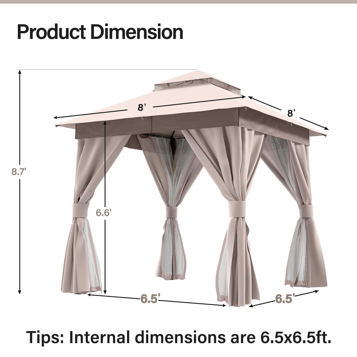 8x8 Outdoor Gazebo with Curtains, Netting & Double Roof V1608