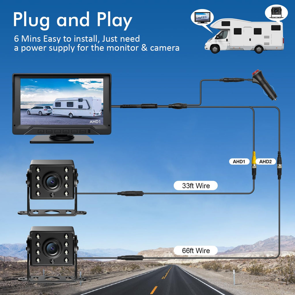 7'' Wired Dual RV Backup Camera System 1080P HD Q7444
