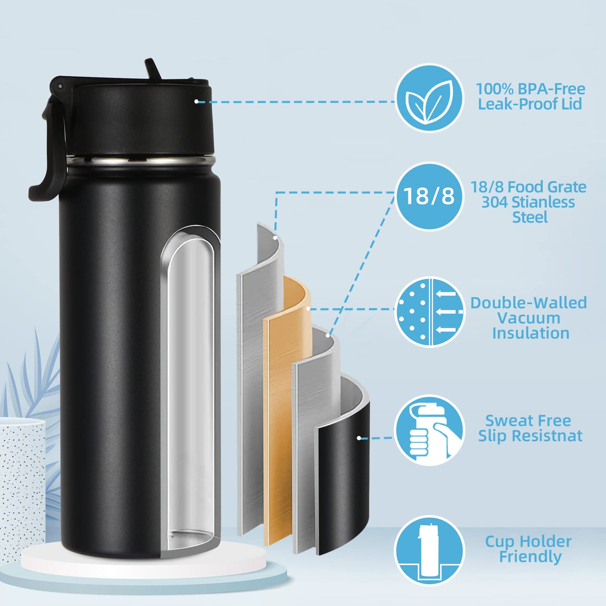 18oz Insulated Stainless Steel Kids Water Bottle with Straw Lid M11397