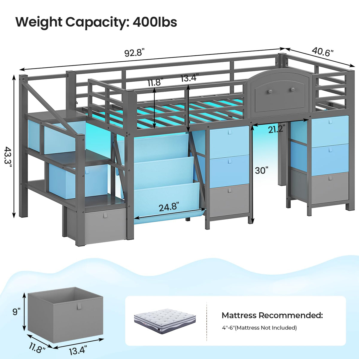 Twin Size Low Loft Bed with 9 Storage Drawers and Staircase J791