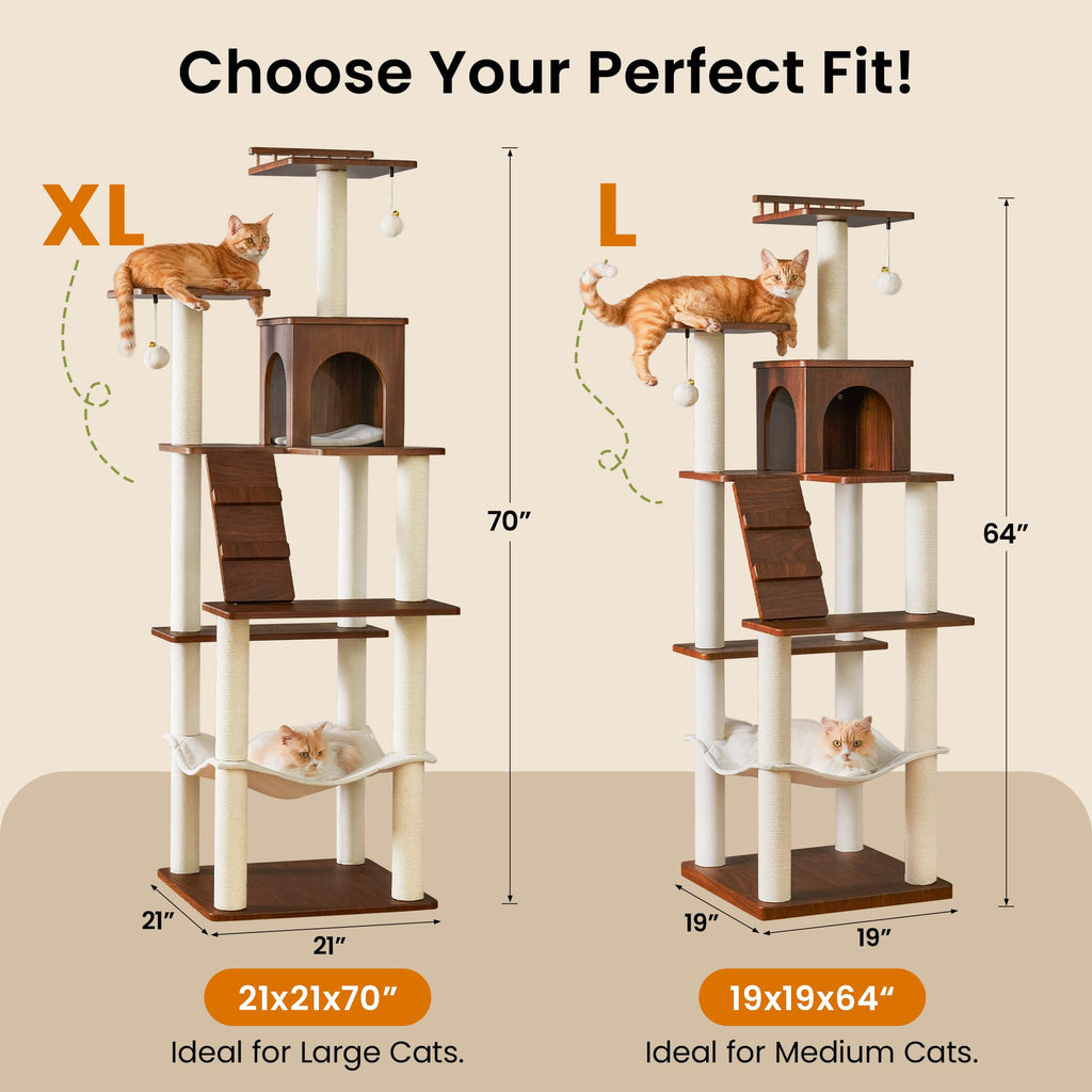 70 inch Tall Multi-Level Cat Tree with Scratching Posts, Perches, Hammock & Pad D652