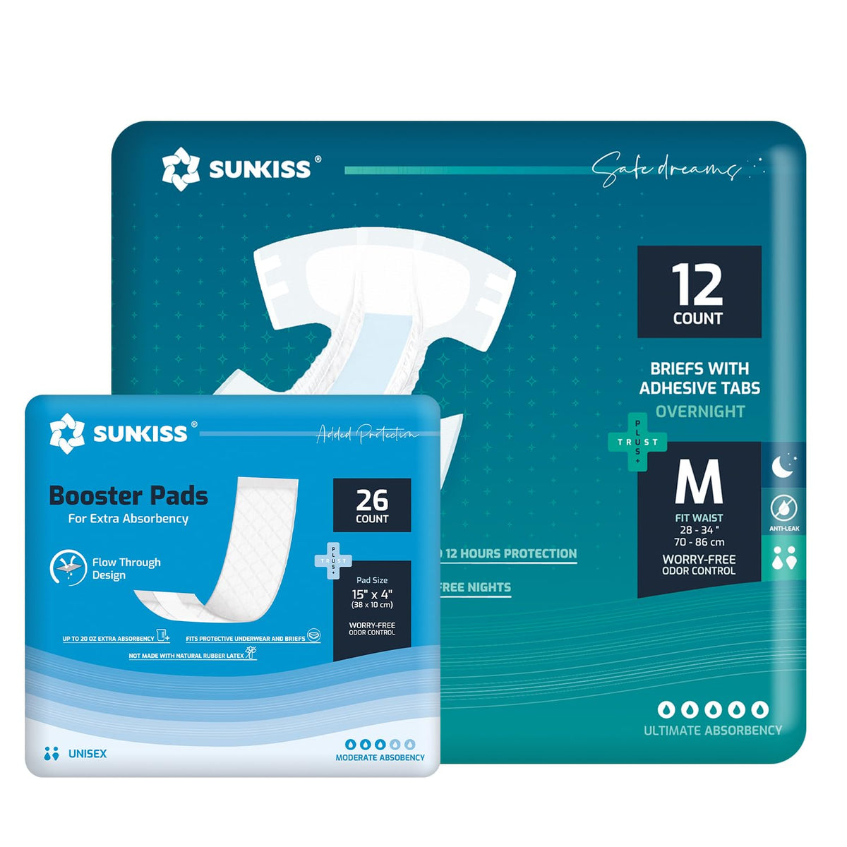 Adult Diapers Medium 12 Count & Booster Pads 26 Count Bundle C3355