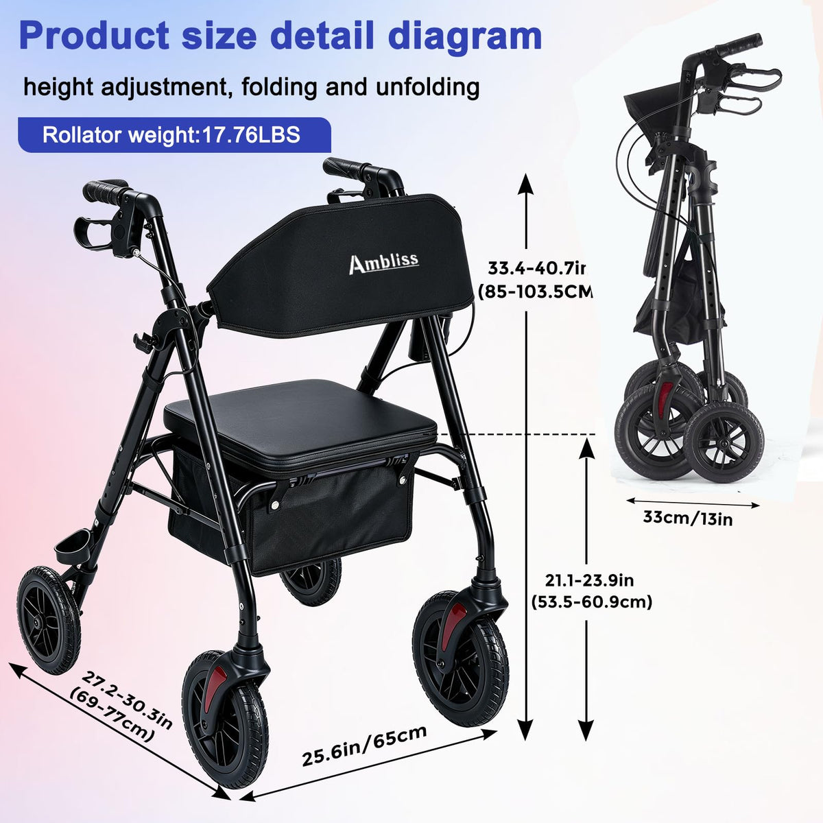 Lightweight Folding Rollator Walker with Seat, 10" All-Terrain Wheels, Black G3044