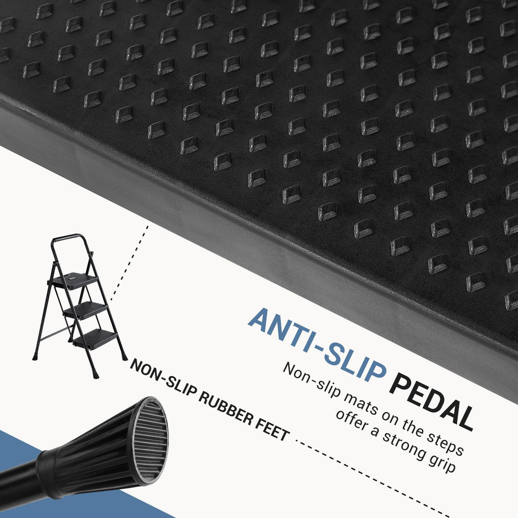 3 Step Ladder with Anti-Slip Pedal and Handrail, 500lbs, Black N37396