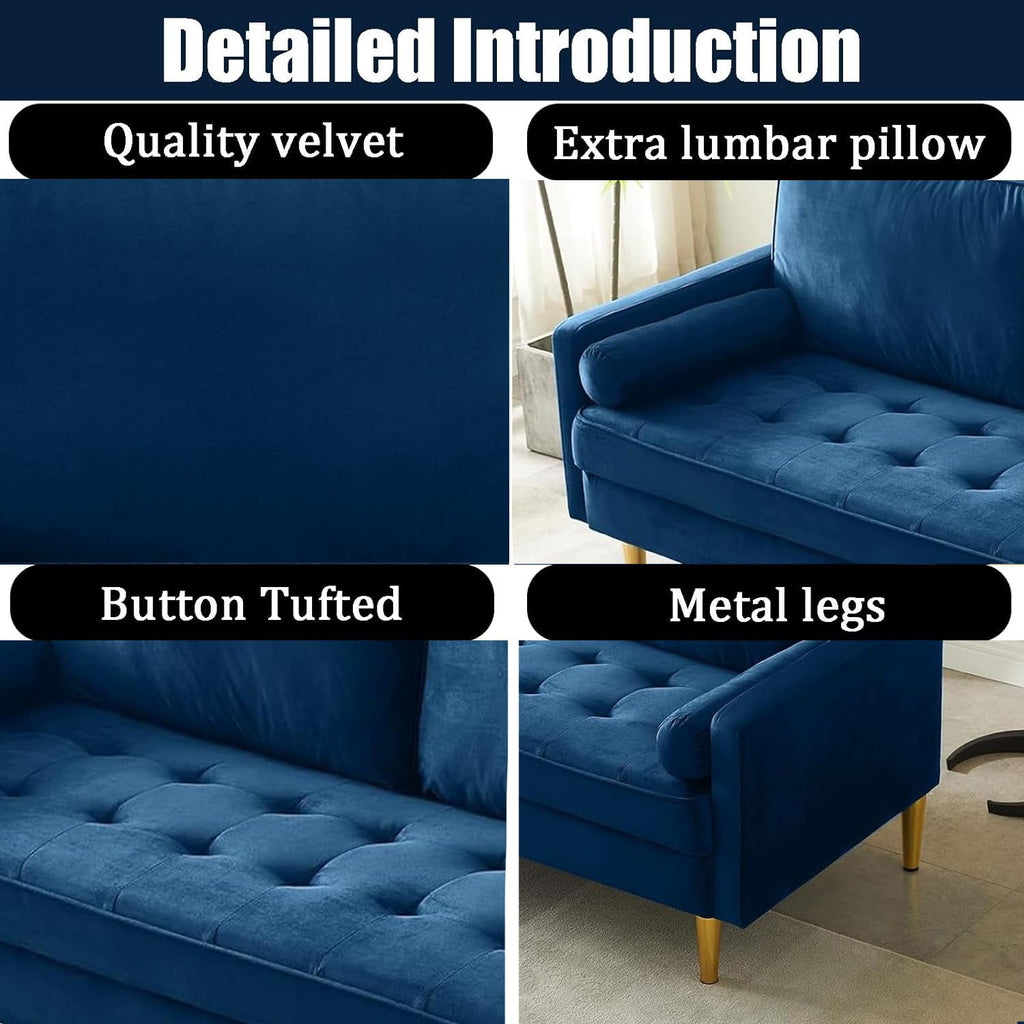 Navy Velvet Loveseat Sofa with 2 Pillows L6927