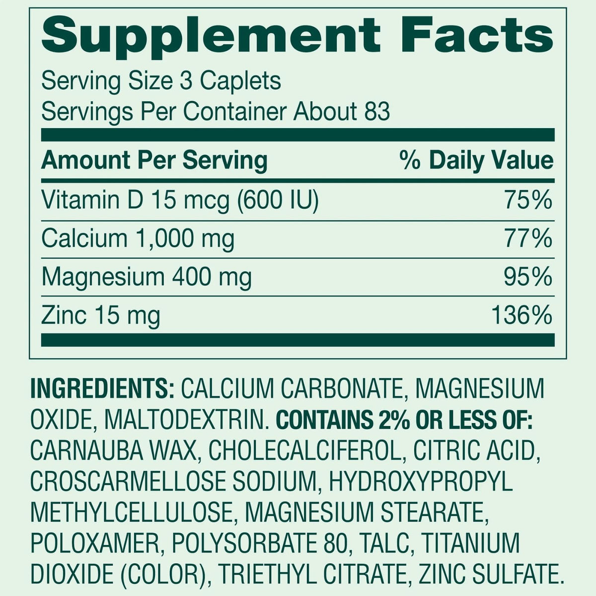 Calcium Magnesium Zinc Vitamin D3 Dietary Supplement 250 Coated Caplets Y43494