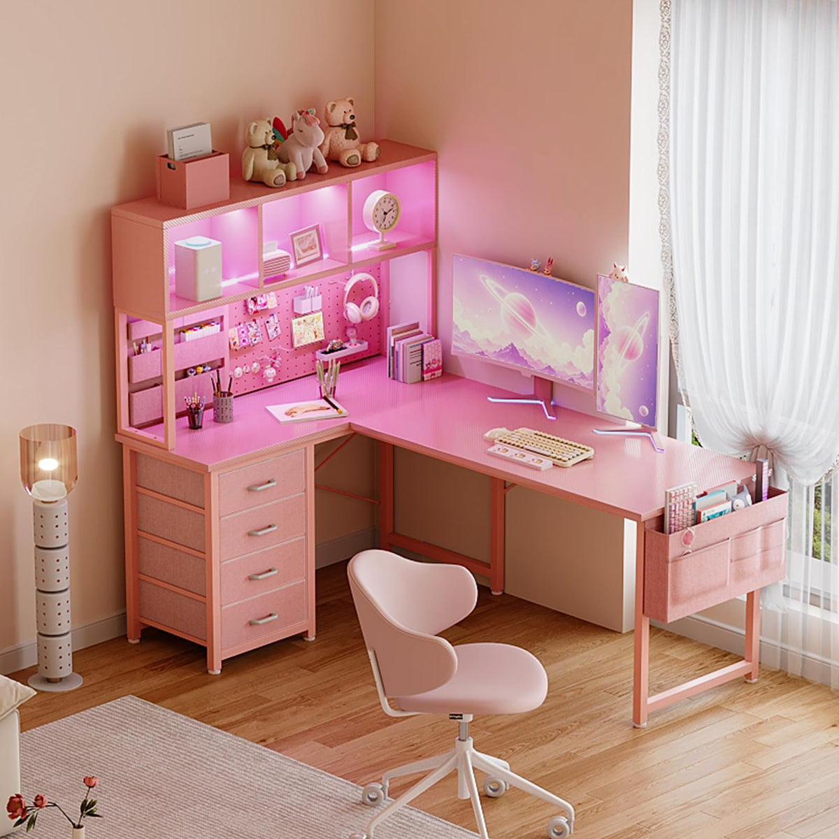 53" L Shaped Gaming Desk with Pegboard, Hutch & 4 Drawers, Pink M6589