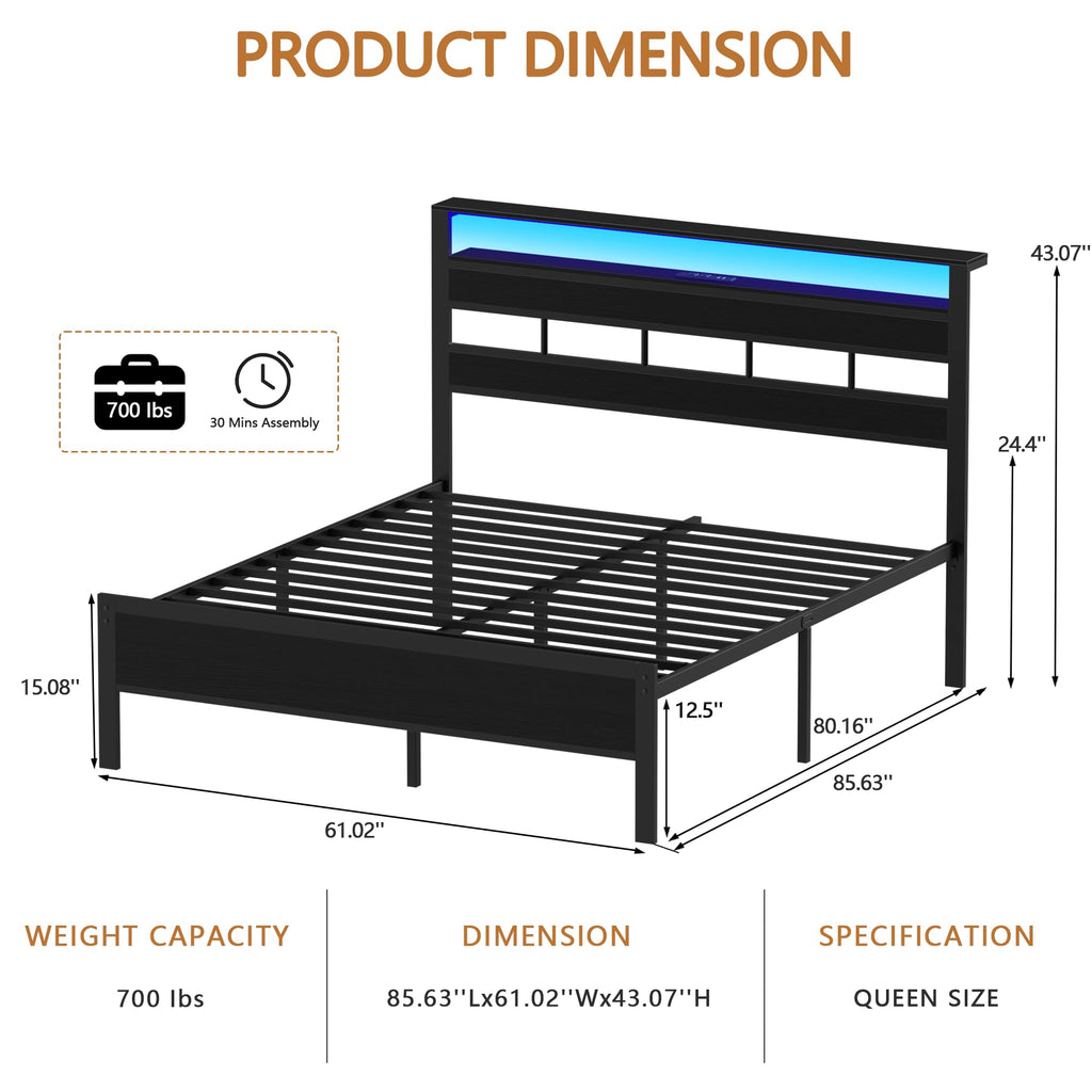 Queen Bed Frame with Storage Headboard and LED Lights Y307736