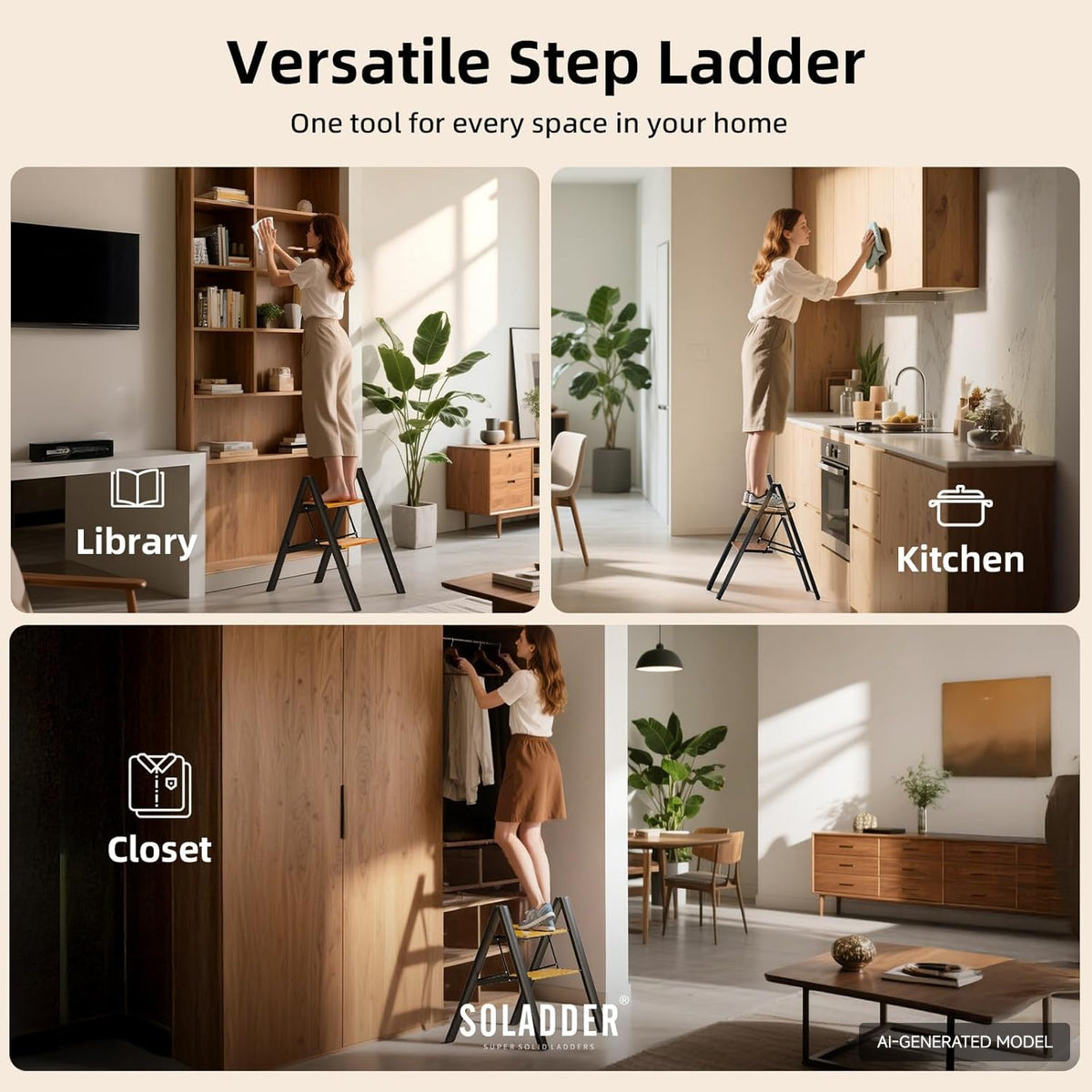 2 Step Folding Ladder, Black & Woodgrain W790