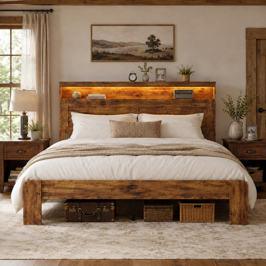 King Size Wooden Bed Frame with Storage Headboard S6072