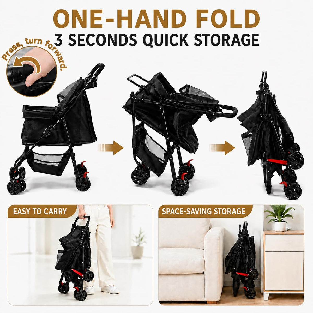 Foldable Dog Stroller with 4 Wheels and Storage Basket Black A49754