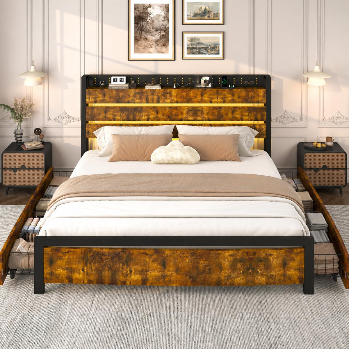 King Size Storage Bed Frame with 4 Drawers, Metal Bed Frame with Headboard Charging Station & Led Lights, Heavy Duty Platform Bedframe, No Box Spring Needed, Noise Free, Easy Assembly, Brown I6675