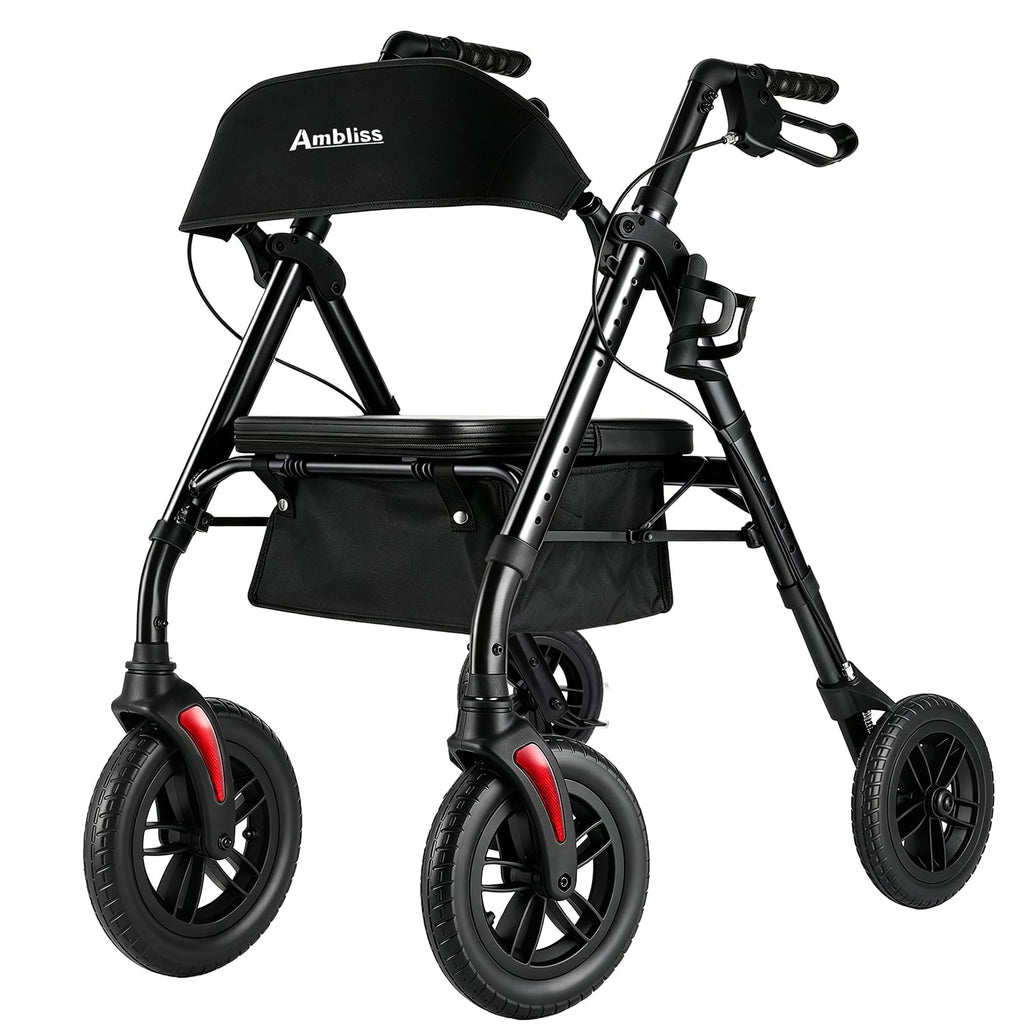 Lightweight Folding Rollator Walker with Seat, 10" All-Terrain Wheels, Black G3044