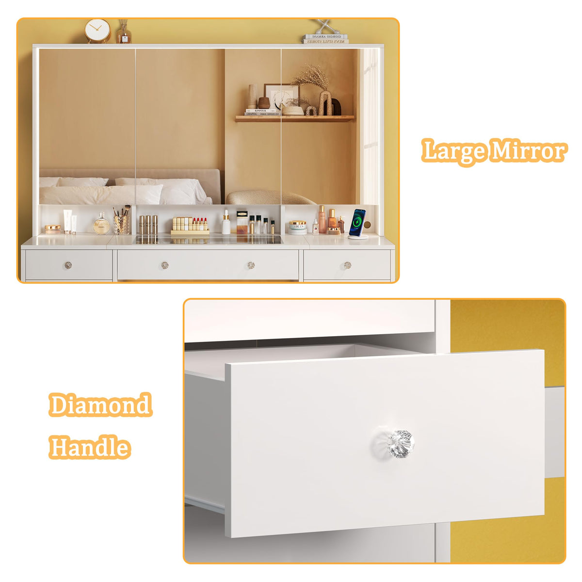 50'' White Glass Top Makeup Vanity with 11 Drawers and LED Mirror D41343