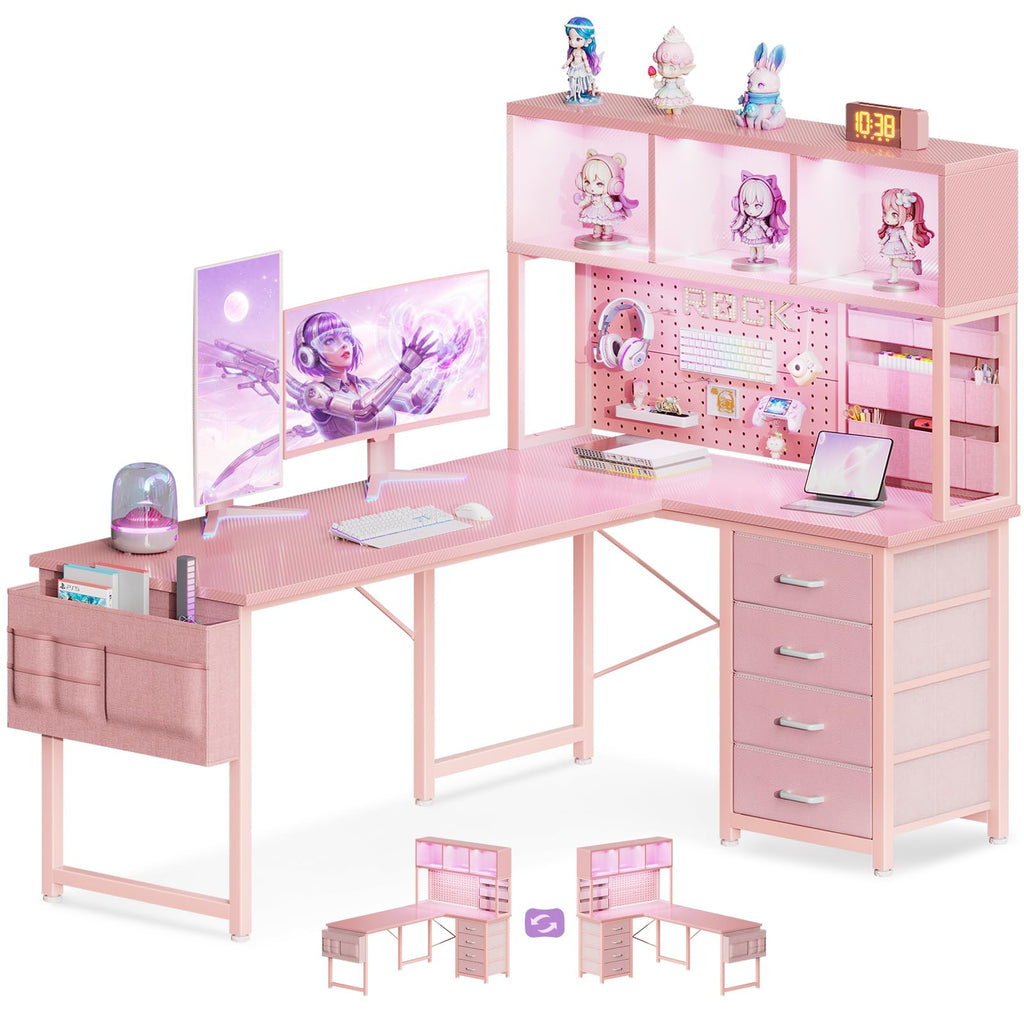 53" L Shaped Gaming Desk with Pegboard, Hutch & 4 Drawers, Pink M6589