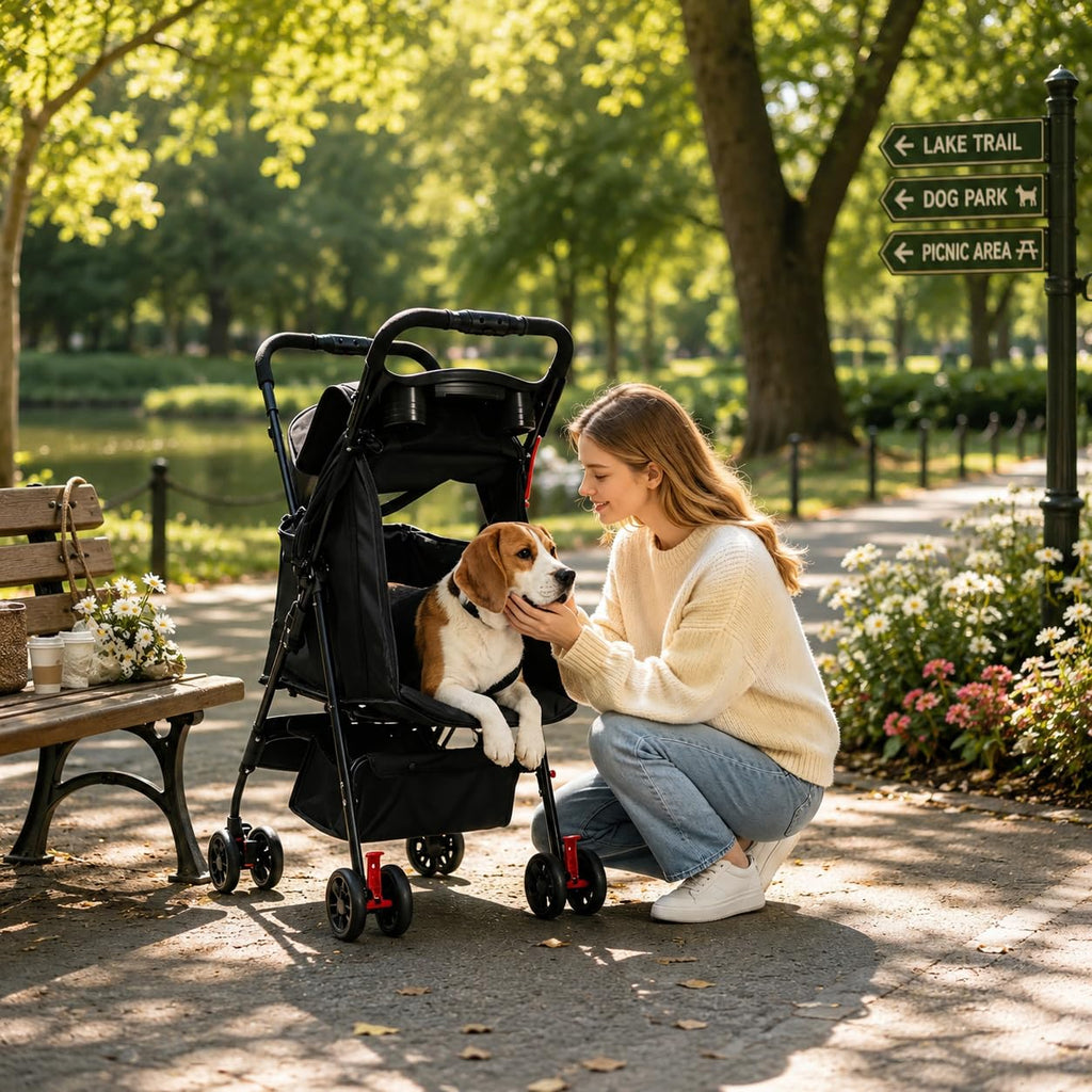 Foldable Dog Stroller with 4 Wheels and Storage Basket Black A49754