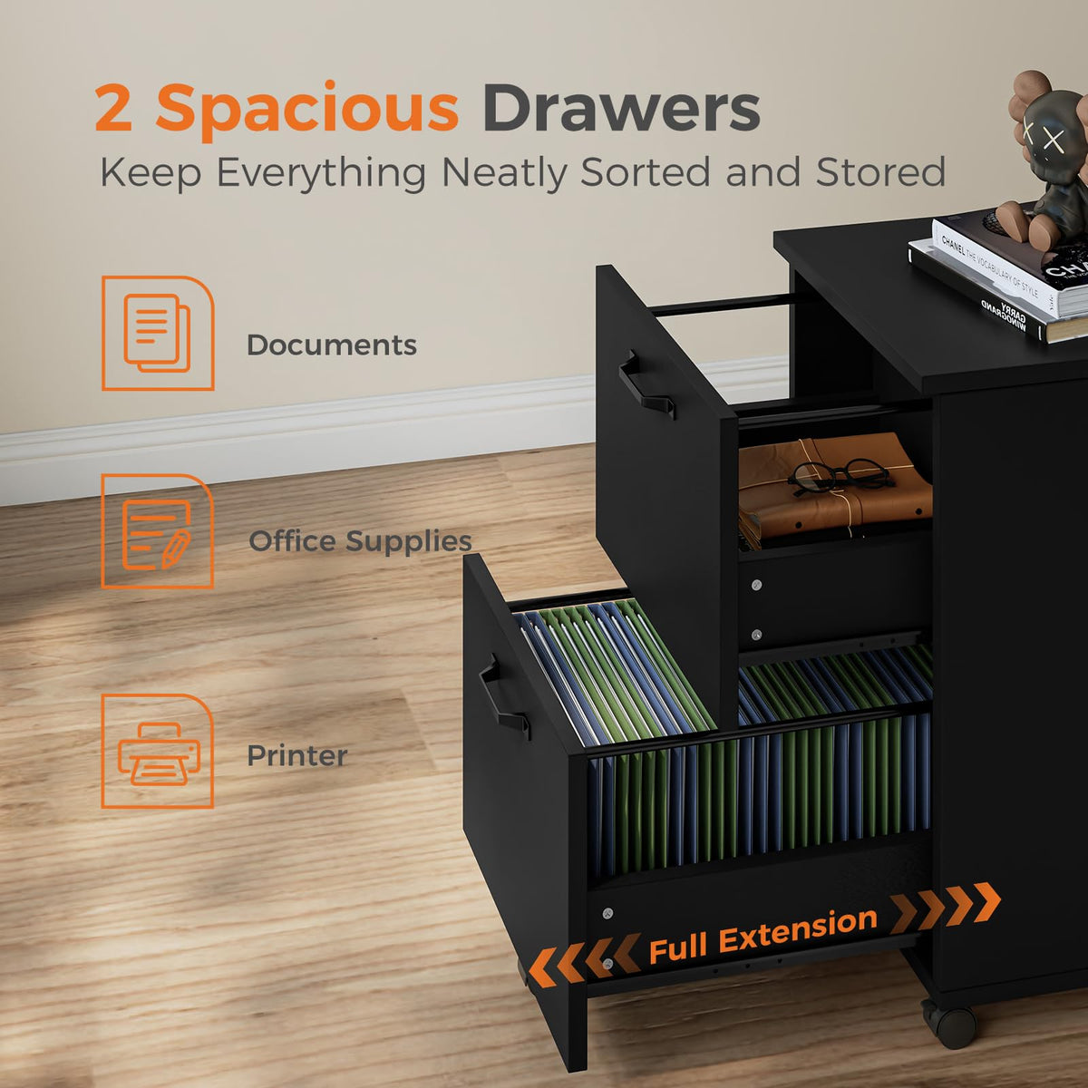 Black 2 Drawer Rolling Wood Filing Cabinet J346552