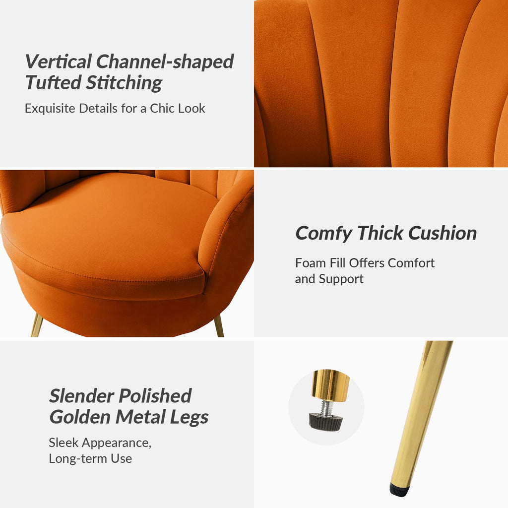 Orange Velvet Channel Tufted Accent Chair with Gold Legs Y244