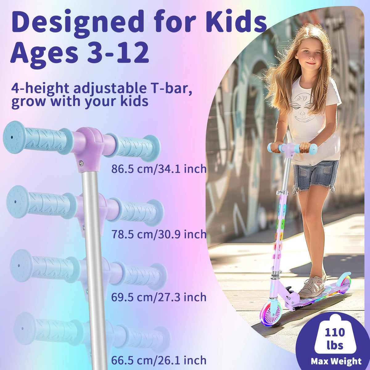 2 Wheel Folding Lightweight Kick Scooter with Light-Up Wheels O300