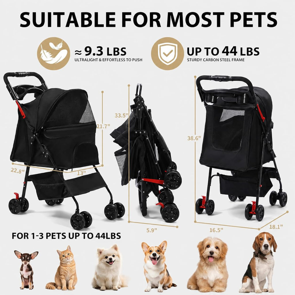 Foldable Dog Stroller with 4 Wheels and Storage Basket Black A49754
