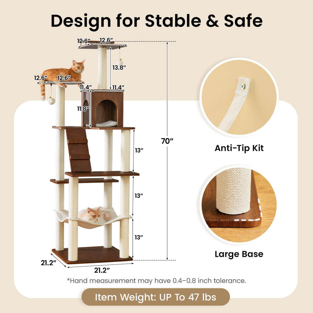 70 inch Tall Multi-Level Cat Tree with Scratching Posts, Perches, Hammock & Pad D652