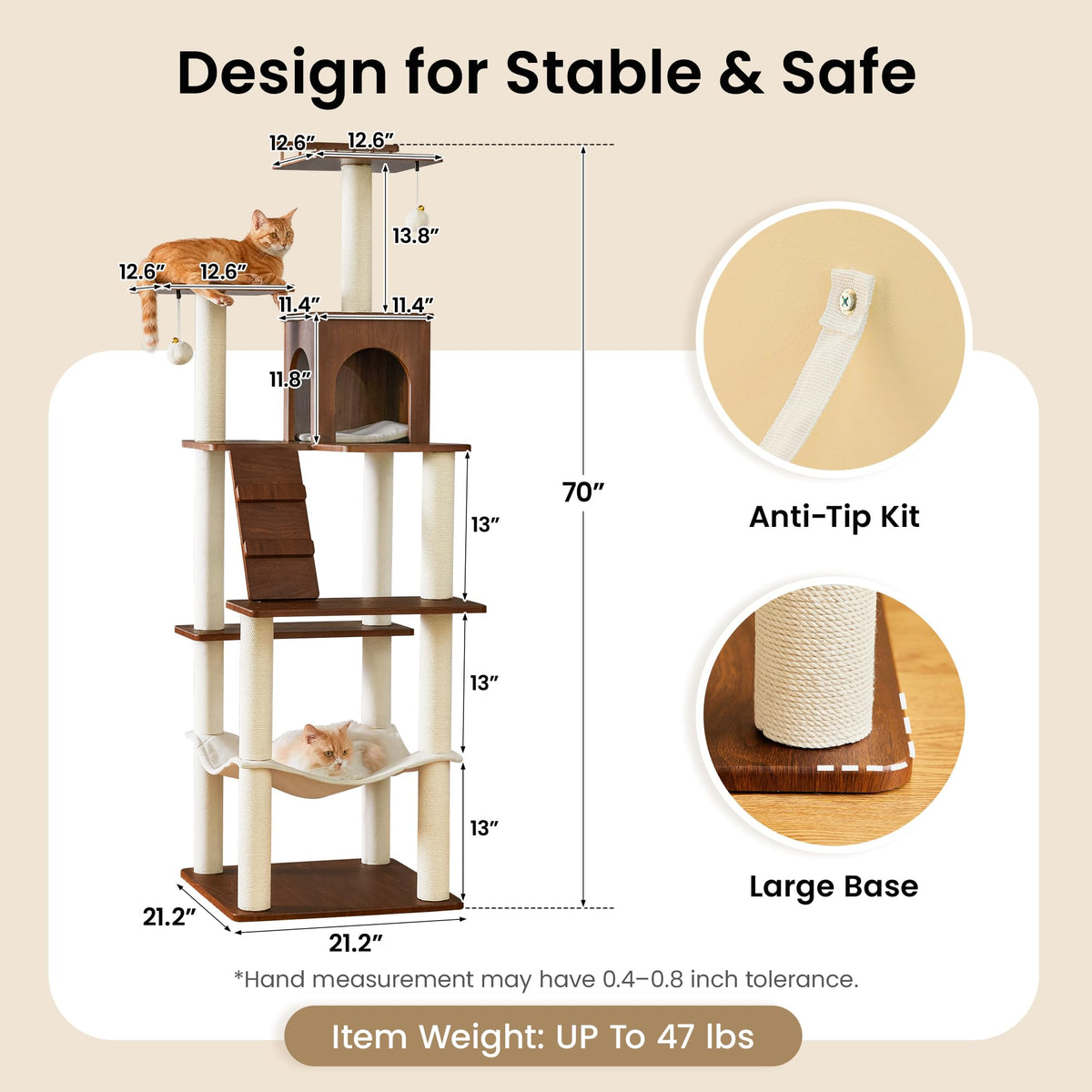 70 inch Tall Multi-Level Cat Tree with Scratching Posts, Perches, Hammock & Pad D652