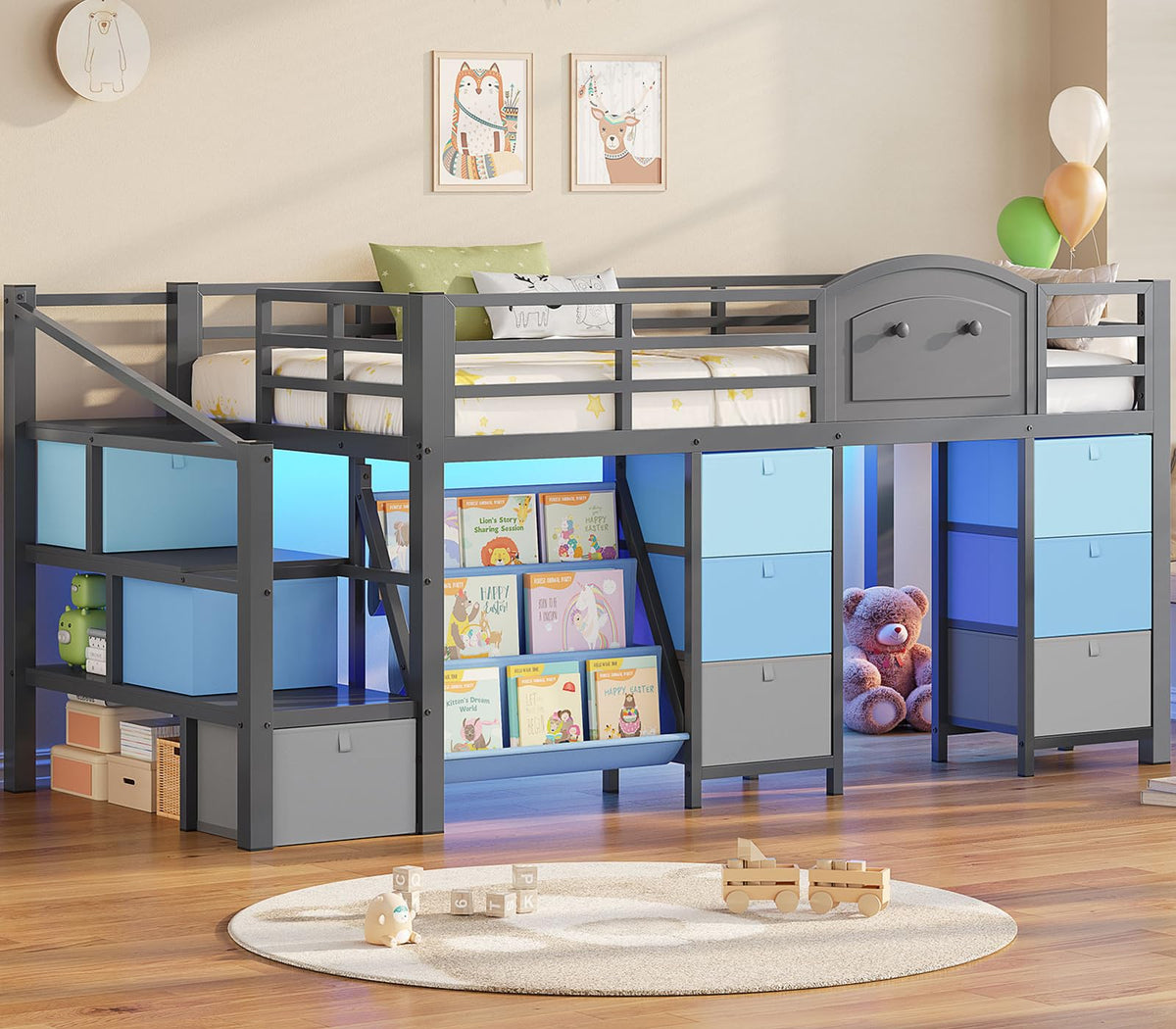 Twin Size Low Loft Bed with 9 Storage Drawers and Staircase J791