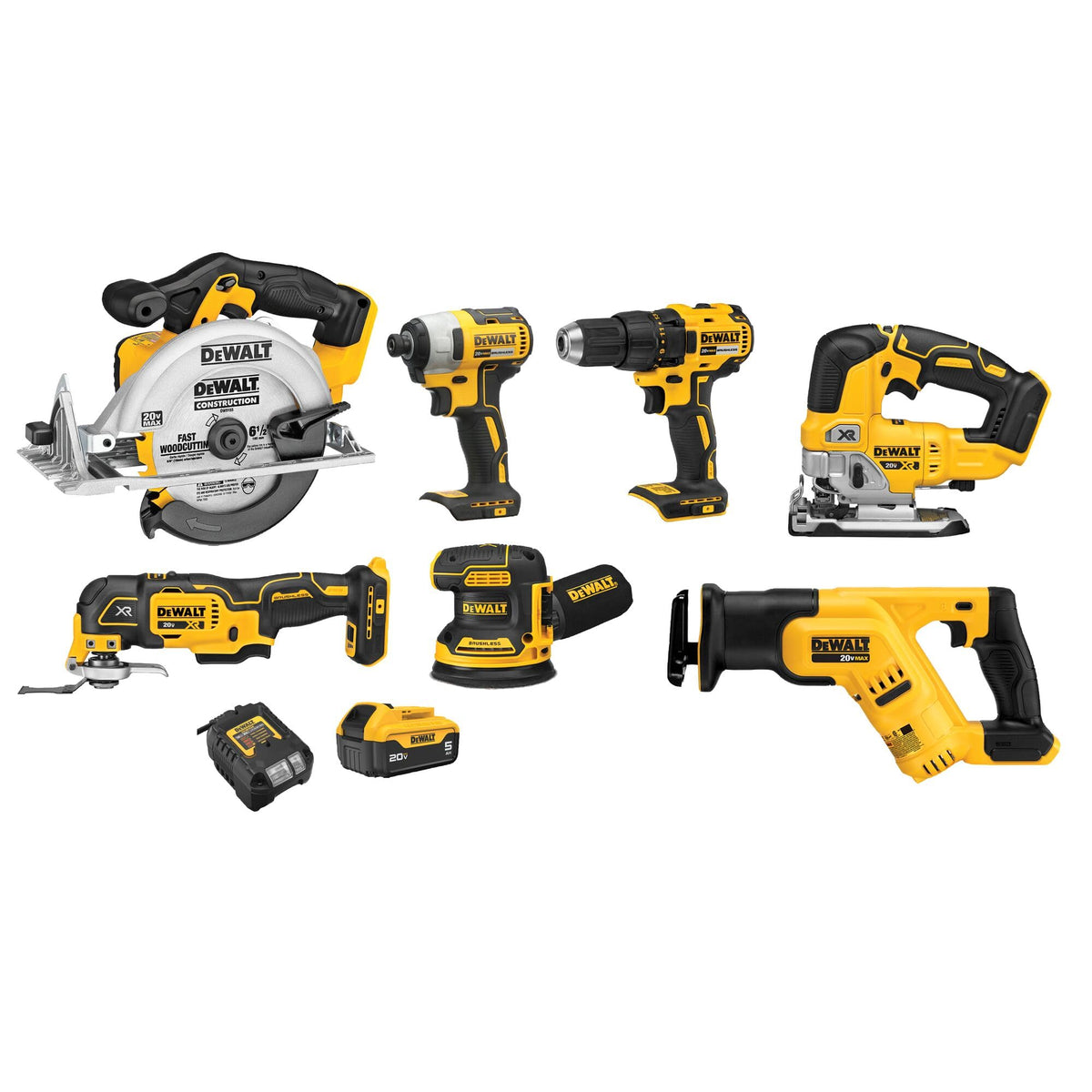 20V MAX 7-Tool Combo Kit with Cordless Drill, Impact Driver, Reciprocating Saw, Circular Saw, Oscillating Tool, Random Orbital Sander, Jigsaw, 5Ah Battery and Charger B1357