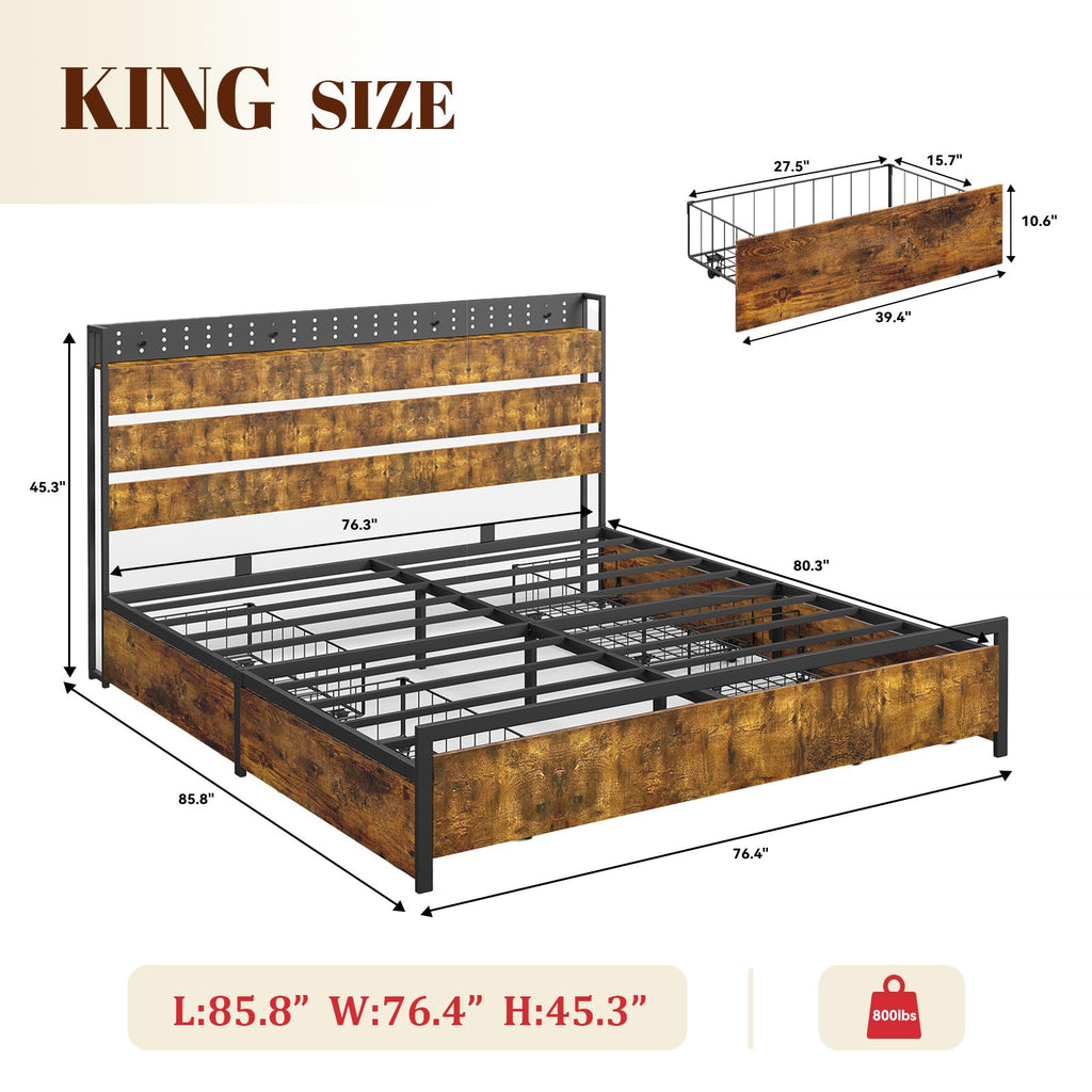 King Size Storage Bed Frame with 4 Drawers, Metal Bed Frame with Headboard Charging Station & Led Lights, Heavy Duty Platform Bedframe, No Box Spring Needed, Noise Free, Easy Assembly, Brown I6675