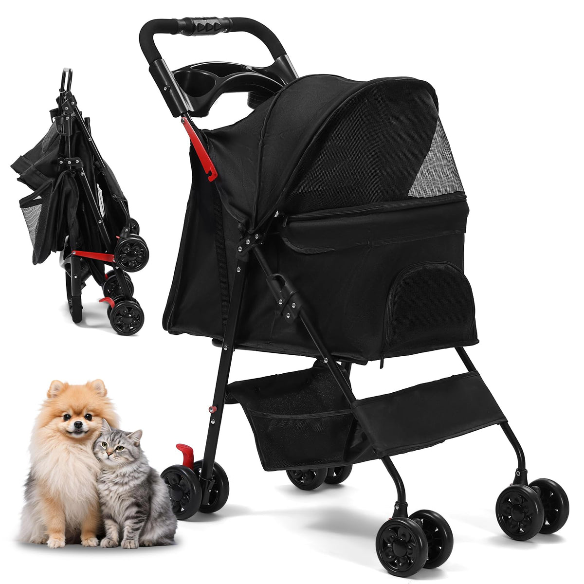 Foldable Dog Stroller with 4 Wheels and Storage Basket Black A49754