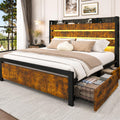 King Size Storage Bed Frame with 4 Drawers, Metal Bed Frame with Headboard Charging Station & Led Lights, Heavy Duty Platform Bedframe, No Box Spring Needed, Noise Free, Easy Assembly, Brown I6675