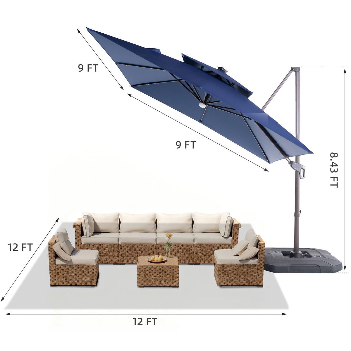 9x9 FT Cantilever Offset Patio Umbrella with Lights & Base P450242