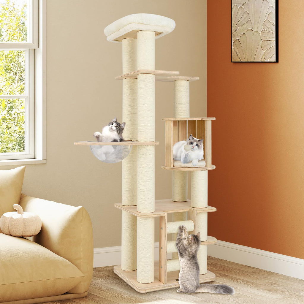 71” Tall Multi-Layer Wood Cat Tree with Scratching Posts K336
