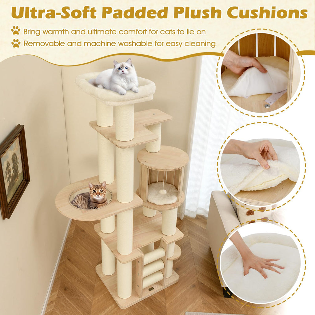 71” Tall Multi-Layer Wood Cat Tree with Scratching Posts K336