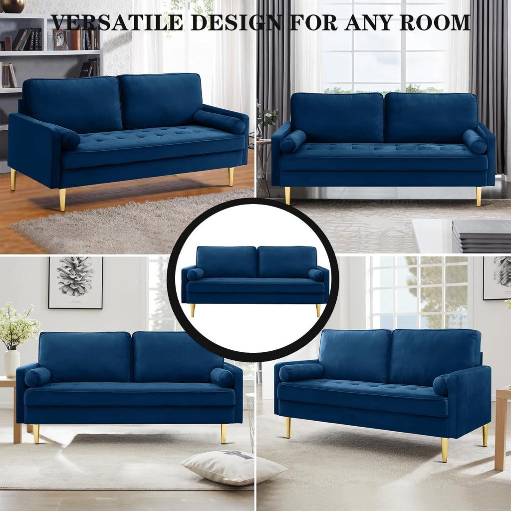 Navy Velvet Loveseat Sofa with 2 Pillows L6927