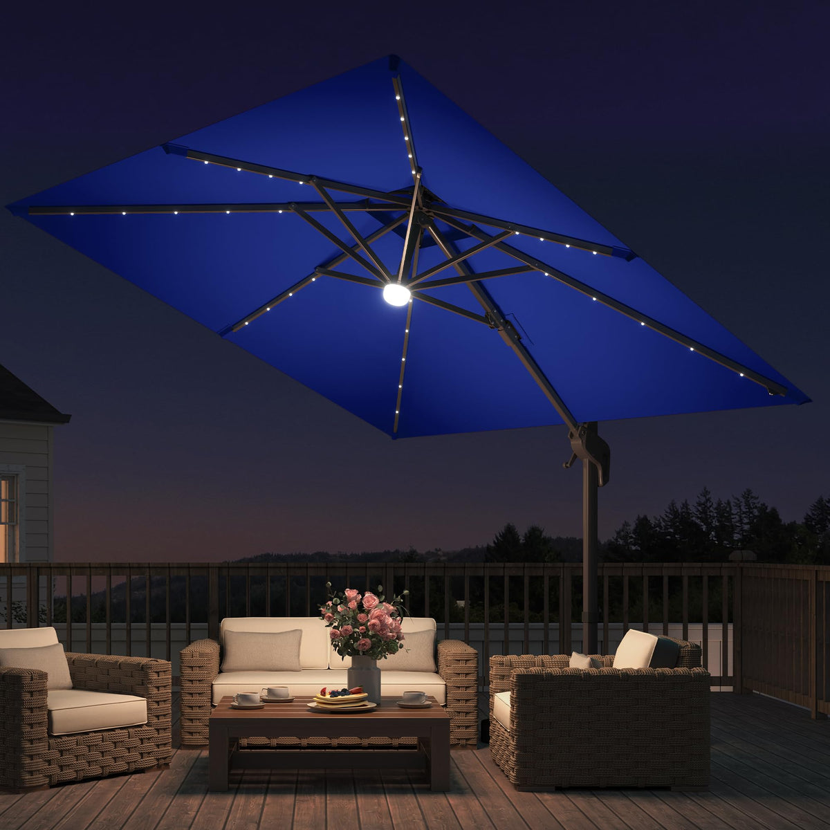 9x9 FT Cantilever Offset Patio Umbrella with Lights & Base P450242
