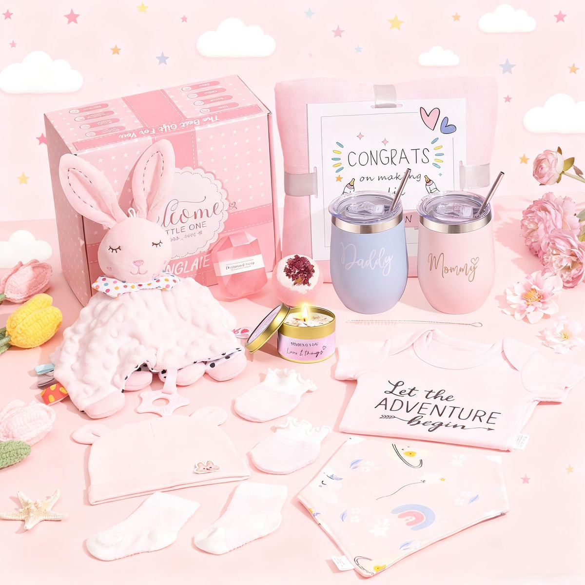 New Mom Gift Basket with Baby Clothes & Tumblers S395