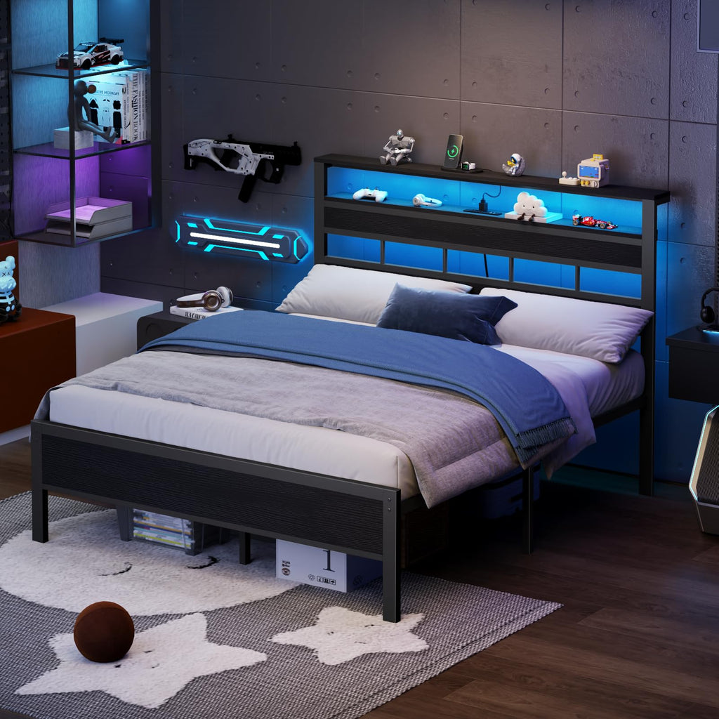 Queen Bed Frame with Storage Headboard and LED Lights Y307736