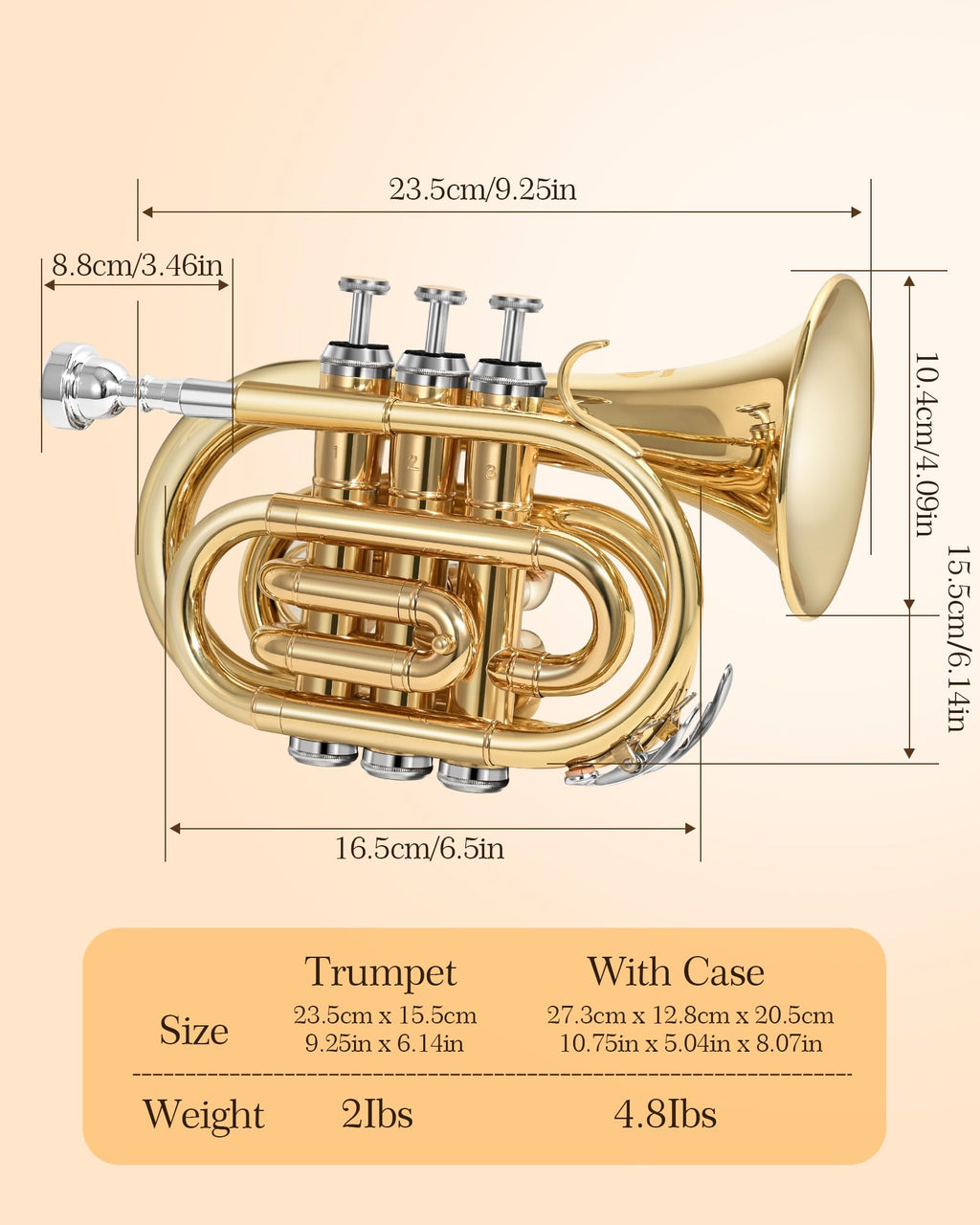 B Flat Brass Pocket Trumpet with 7C Mouthpiece and Hard Case X314748