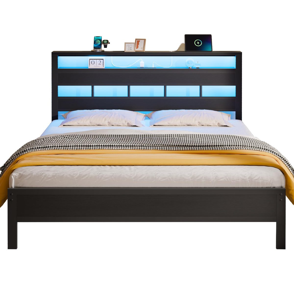Queen Bed Frame with Storage Headboard and LED Lights Y307736