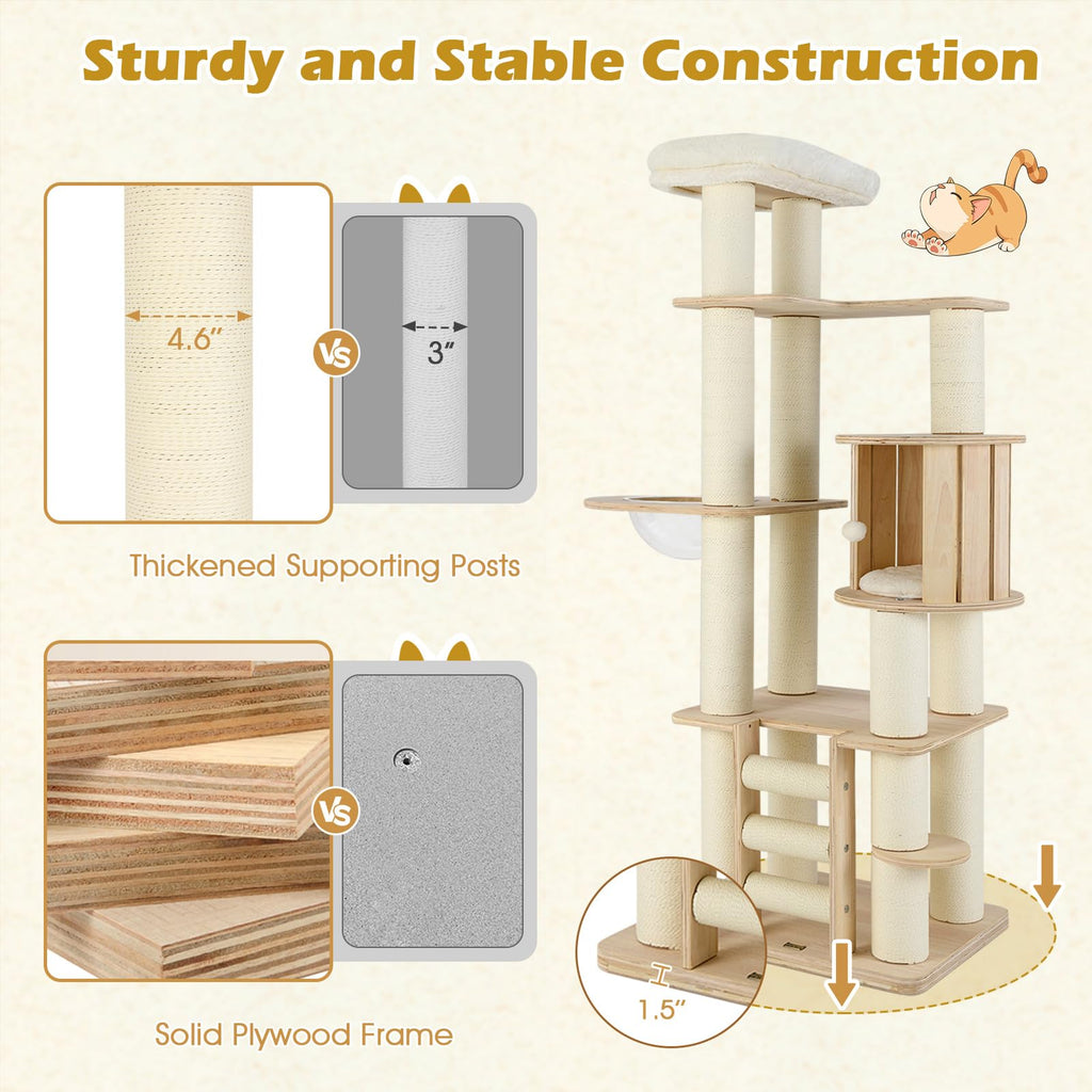 71” Tall Multi-Layer Wood Cat Tree with Scratching Posts K336