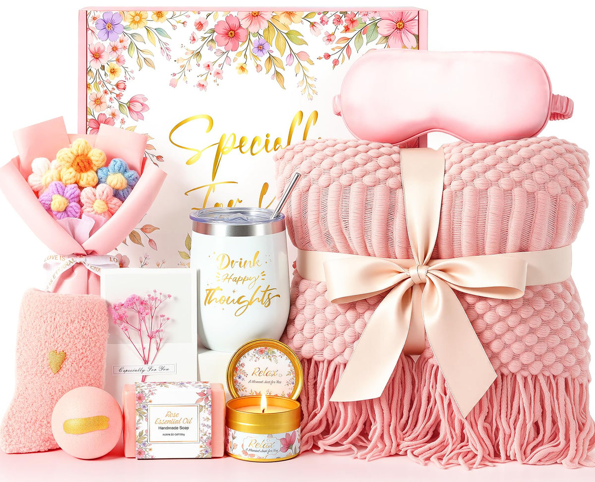 Spa Gift Basket with Blanket Candle Bath Bomb N7408