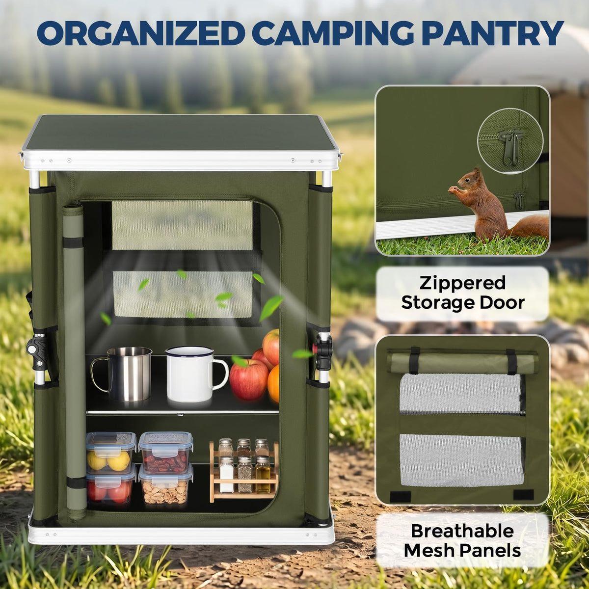 Green Portable Aluminum Folding Camping Table with Storage Organizer Q40066