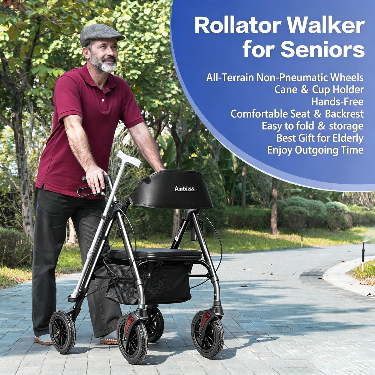 Lightweight Folding Rollator Walker with Seat, 10" All-Terrain Wheels, Black G3044