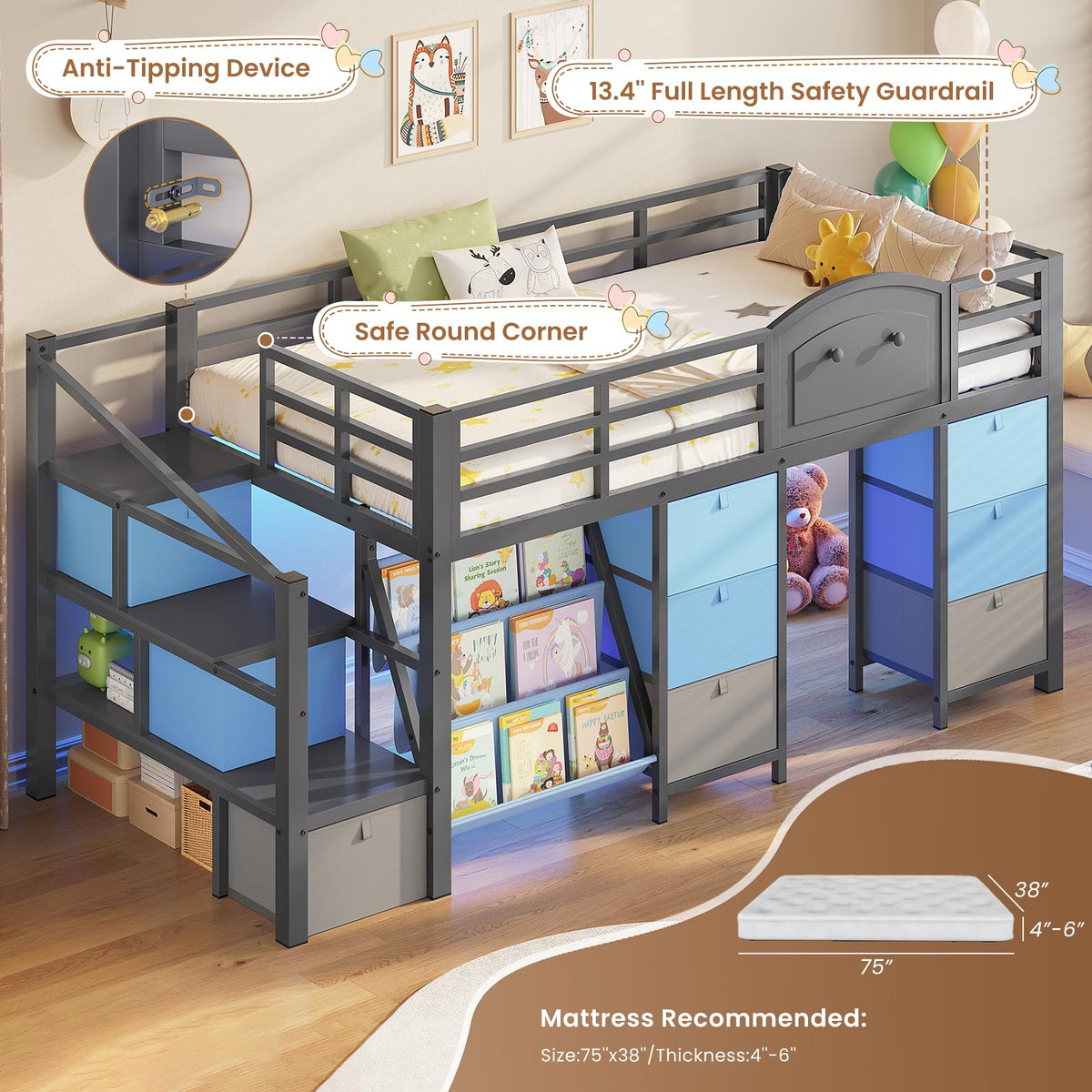 Twin Size Low Loft Bed with 9 Storage Drawers and Staircase J791